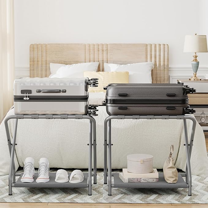 HOOBRO Luggage Rack, Pack of 2, Folding Suitcase Stand with Fabric Storage Shelf for Guest Room, Bedroom, Hotel, Holds up to 100 lb, 27 x 15.3 x 22 Inches, Space Saving, Gray GY04XLP201