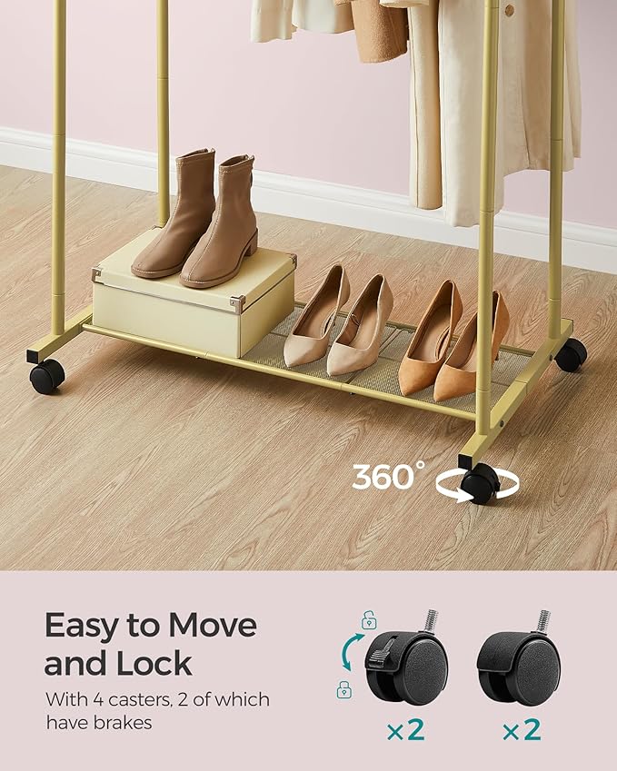 SONGMICS Double Rods Clothes Rack with Wheels, Clothing Rack for Hanging Clothes, Heavy Duty Garment Rack with Mesh Storage Shelf, 2 Brakes, Each Top Rail Holds up to 77 lb, Gold UHSR026A01