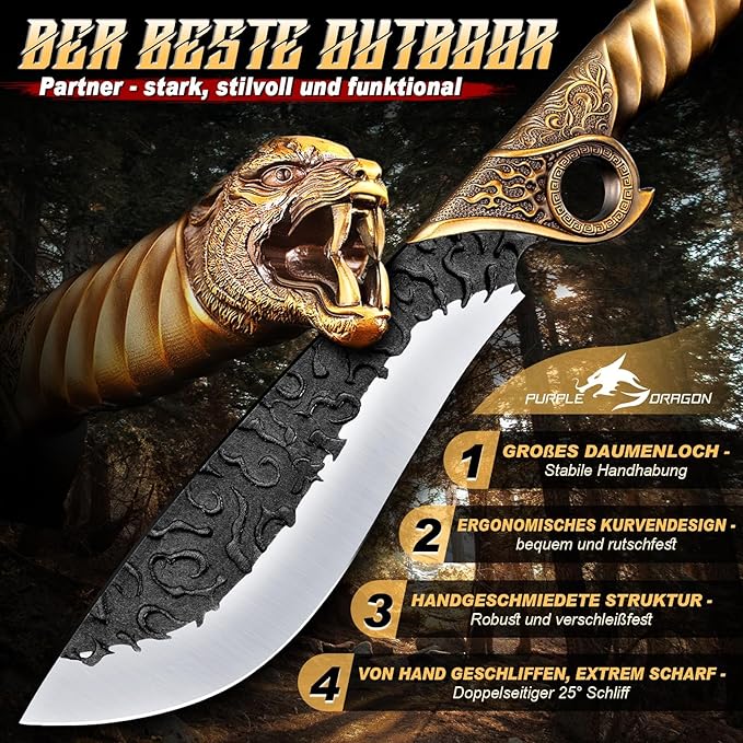 Purple Dragon Heavy Duty Machete for Cutting Trees – Japanese Forged Survival Machete with Tiger Head Handle, Gardening Machetes with Leather Sheath, Yard Work & Outdoor Camping Machetes