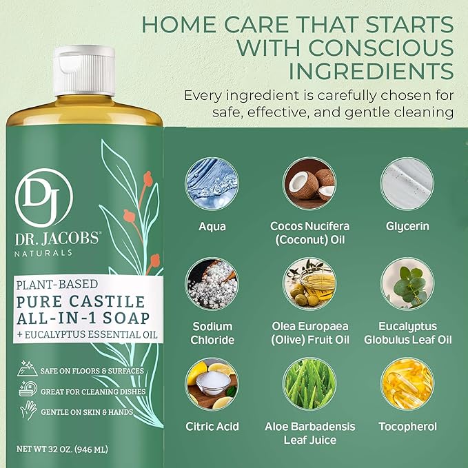 Dr. Jacobs Naturals Eucalyptus Castile All-in-One Cleaner and Soap - Plant-Based Formula for House Cleaning Floors and Appliances - Gentle on Skin and the Planet - 32 oz, 2 Pack