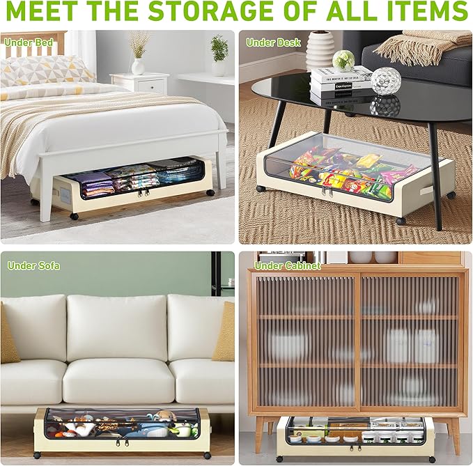 YAASHEEN Under Bed Storage with Wheels, Under the Bed Storage Containers with Clear Lids & Label, Underbed Storage Bins, XXL 60L Rolling Metal Drawer for Clothes, Shoes, Toys, Books (4-Pack Beige)
