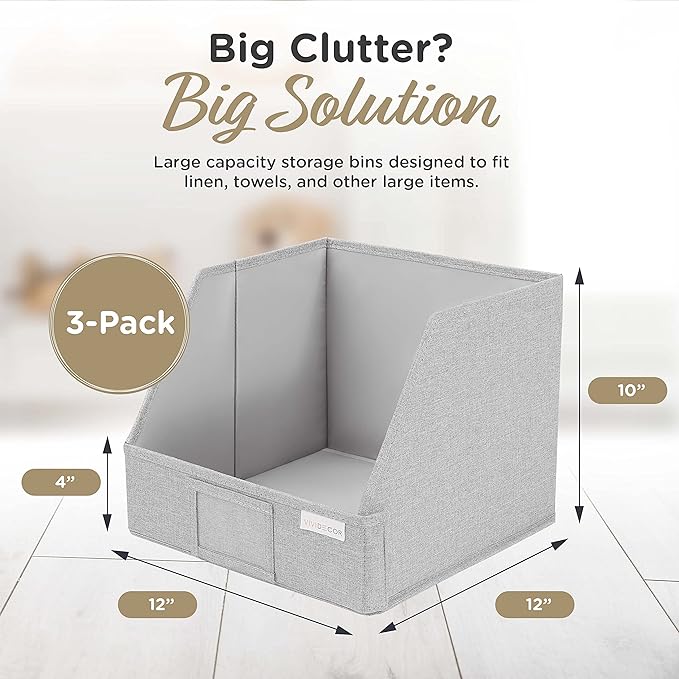 Trapezoid Closet Bins for Shelves – 12x12x10 Fabric Storage Baskets, Closet Organizers Bins, Open Front Fabric Baskets, Collapsible Organizer Boxes for Clothes, Linen – Light Gray, 3 Pack