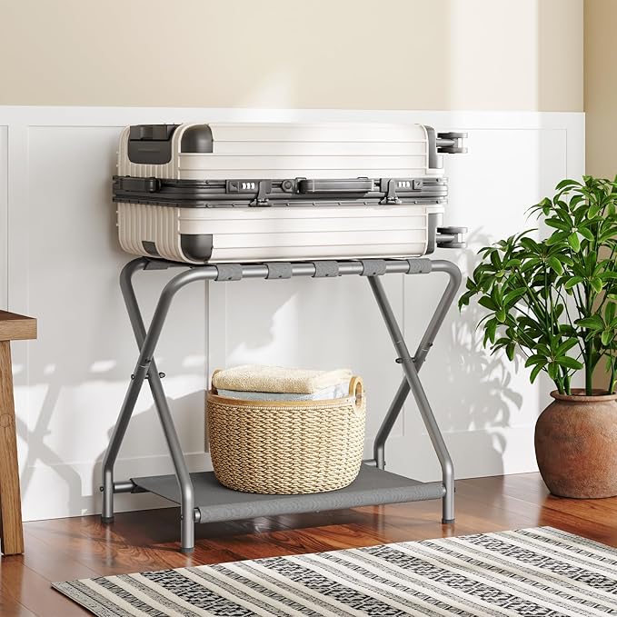 HOOBRO Luggage Rack, Pack of 2, Folding Suitcase Stand with Fabric Storage Shelf for Guest Room, Bedroom, Hotel, Holds up to 100 lb, 27 x 15.3 x 22 Inches, Space Saving, Gray GY04XLP201