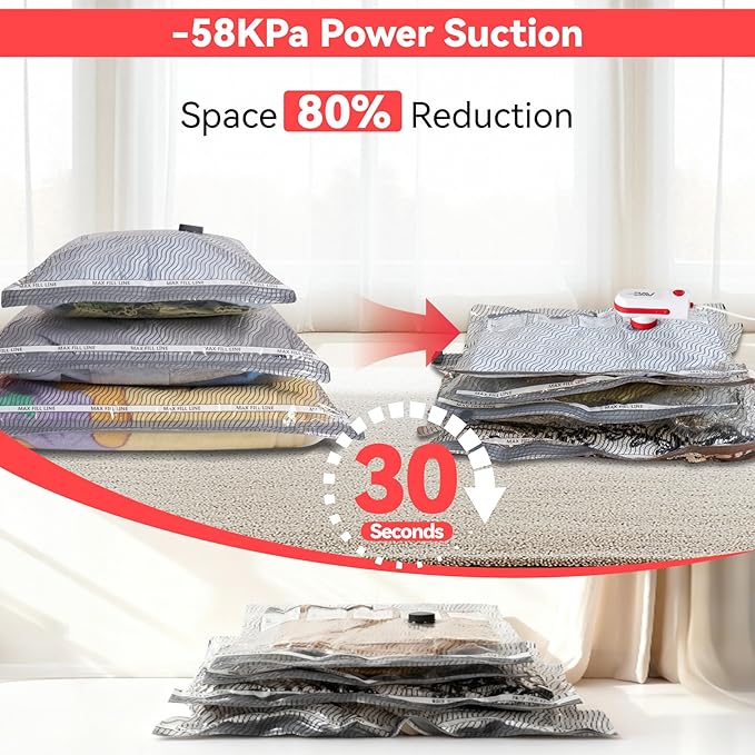 12 Pack Vacuum Bags for Travel with USB & TYPE C Pump,Compression Packing Cubes for Luggage,Carry-on Space Saver Vacuum Seal Bags&Vacuum Storage Bags for Vacation(Red)