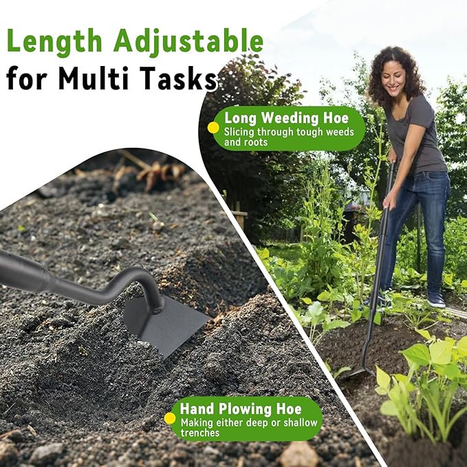 Lilyvane Garden Hoe, Heavy Duty Plow Hoe Garden Tool for Plowing,Cultivating, Trenching, Ridging, Weeding, Loosening Soil, 55 Inch Long Handle, V Shaped Sharp Triangle Hoe, Gardening Hand Tools