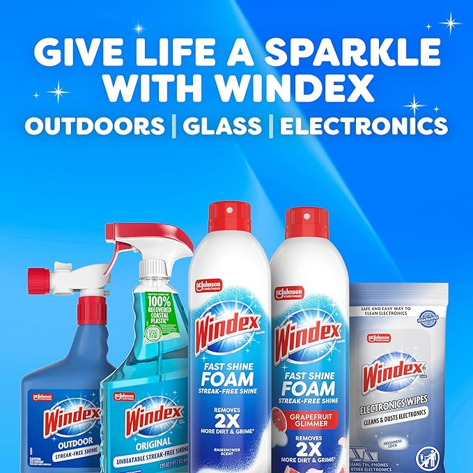 Windex Fast Shine Foam Glass Cleaner Supplies, No-Drip Window & Mirror Aerosol Spray, Streak-Free, Removes Fingerprints, Dust, Dirt & Smoke Film, Grapefruit Scent, 19 oz (Pack of 2)