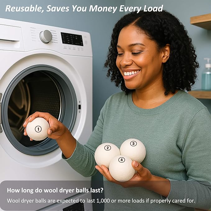 Wool Dryer Balls Laundry, L(2.3") 4 Pack, Premium Fabric Softener Ball, Reusable, Anti Static, Chemical Free Natural Wool Balls for Dryer, Laundry Dryer Balls – 100% New Zealand Wool