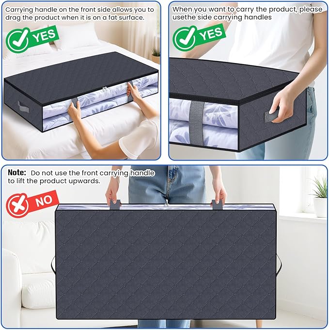 TasticTotes Under Bed Storage Containers, 4 Pack Blanket Storage Bags, Collapsible Storage Bags with Big Zippers, Clear Front, Shoe Storage and Organization for Clothes, Comforter, 90L, Grey