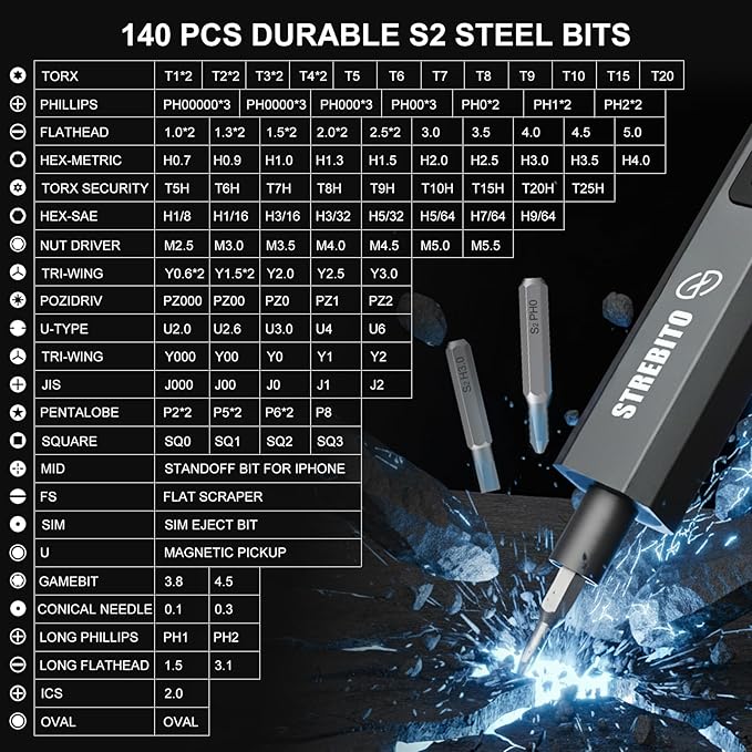 STREBITO Mini Electric Screwdriver Upgraded 155 in 1 Electric Precision Screwdriver Set with 140 S2 Steel Magnetic Bits, 5 Torque Settings, Electronics Repair Tool Kit for Computer, PC, Laptop, Phone