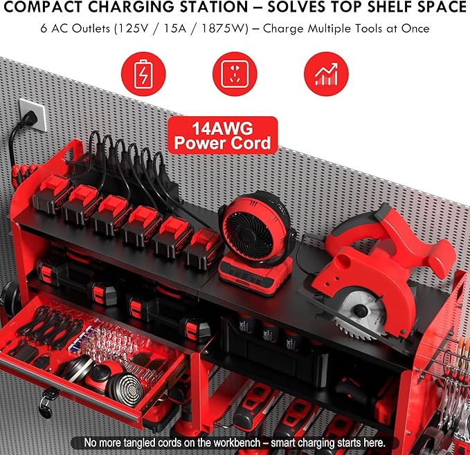 KSVO Power Tool Organizer Wall Mount with Drill Rack, Grinder Holder, Hammer & Pliers Rack, Locking Drawers, 6-Outlet Charging Shelf – Heavy Duty Metal Tool Storage for Garage, Workshop (Red)