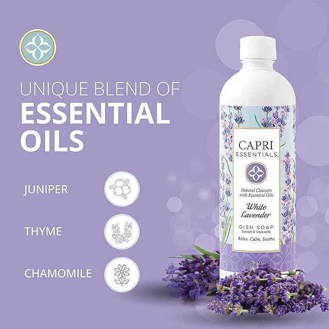 CAPRI ESSENTIALS Dish Soap Liquid, Natural Household Cleaning Supplies, Plant Based Aromatic Dish Detergent, Blend of Essential Oils with Juniper & Chamomile, White Lavender, 16 FL Oz