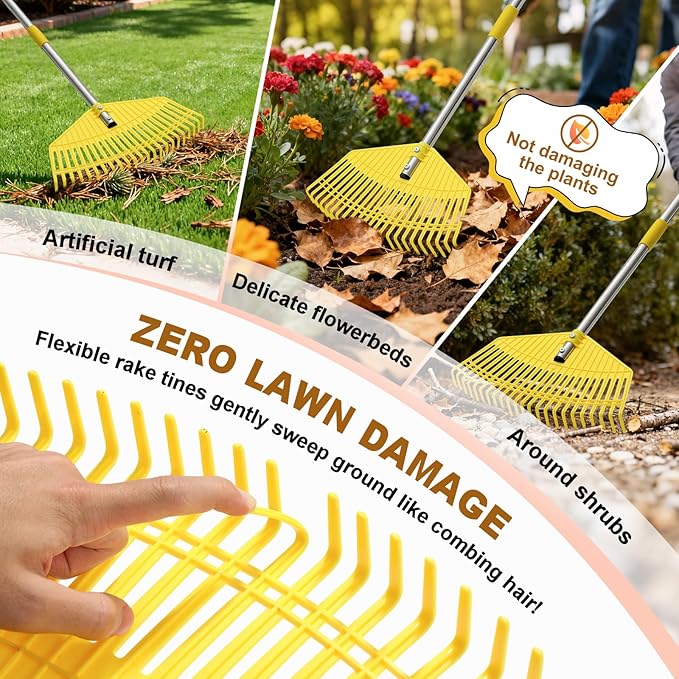 Garden Rake for Leaves - Extra Wide 17" Leaf Rake,Lightweight Long Handle for Women Seniors Kids Effortless Clean-Up,23 Non-Clog Flexible Tines for Lawn-Friendly,80” Adjustable Plastic Rakes for Yard