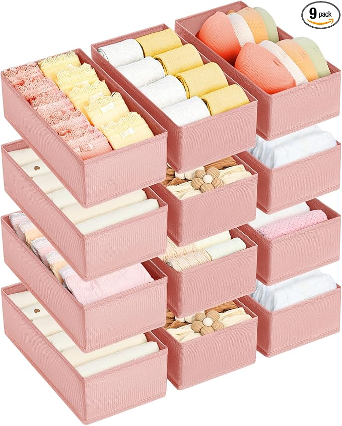 DIMJ Drawer Organizer Clothes - Underwear Organizer Small Sock Organizer Closet Organizers and Storage Box Dresser Drawer Dividers for Baby Clothes,Bra,Socks, Belt, Tie, Set of 12, Pink