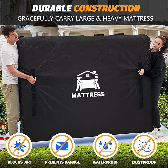 Mattress Bags for Moving, BETU Mattress Protector Waterproof Mattress Cover Queen Size Storage Bags with 8 Heavy-Duty Handles and Zipper for Bed Extra Thick Large Reusable (82"x62"x15" Black)