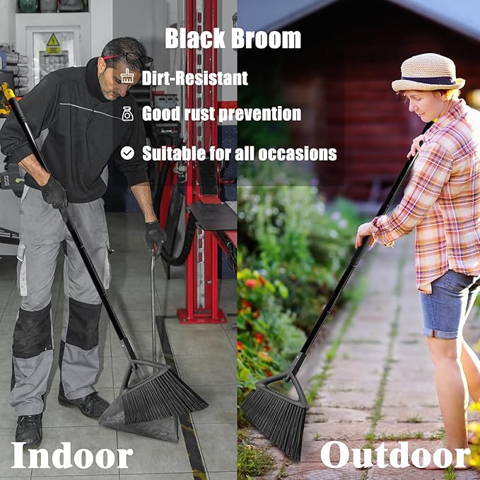 Heavy Duty Broom Outdoor Indoor, Upgraded Commercial Angle Brooms, Black Broom for Sweeping House, Restaurant, Kitchen, Garage, Courtyard