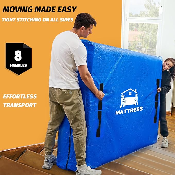 Mattress Bags for Moving, BETU Mattress Protector Waterproof Mattress Cover Queen Size Storage Bags with 8 Heavy-Duty Handles and Zipper for Bed Extra Thick Large Reusable (82"x62"x15" Blue)