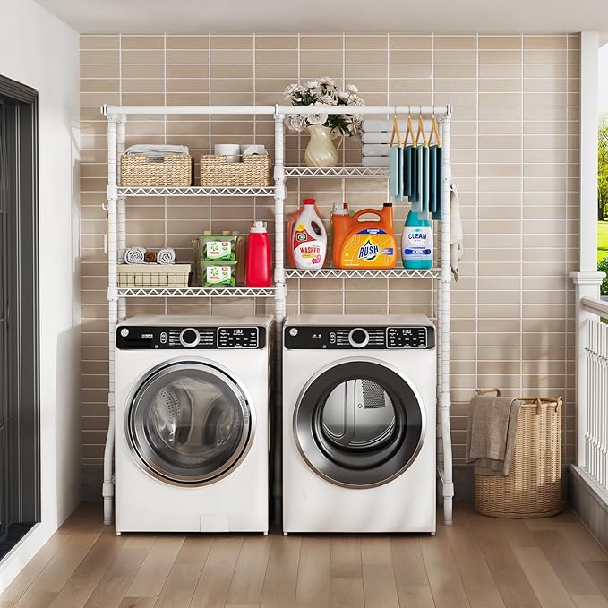 ULIFHOME U14 Over Washer and Dryer Storage Shelves, 4 Tiers Laundry Room Storage and Organizer System, Space Saving Clothes Drying Rack with 2 Clothes Hanger Rods, 66.5" W x 20.5" D x 77.4" H, White
