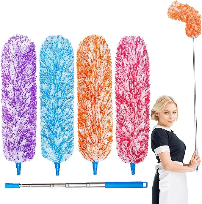 4 Pack Microfiber Feather Dusters, Up to 55 Inch Extension Pole, Cobweb Cleaner, Electrostatic Bendable Head,Telescoping Feather Dusters for Wall, Ceiling Fan, Celling, Car, Furniture