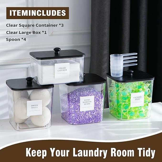Laundry Room Organization Container, 4pcs Acrylic Laundry Pod Storage Containers, Black Dryer Sheet Holder Jars with Bamboo Lids and Labels for Scent Booster Powder Detergent Pods Storage