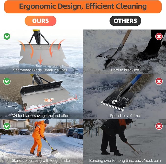 Ice Scraper Long Handle - Snow Removal Tool,Multifunctional Garden Cleaning Flat Shovel, Heavy Duty Floor Scraper Metal Sharp Blade for Lawn Edging,Sidewalk Weeding,Driveway Steps Snow Shovel 72"