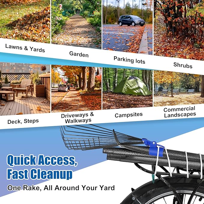 Rake for Leaves: Adjustable Metal Leaf Rake for Lawn, 8-17" Expandable Head,75” Long Handle,Collapsible Heavy Duty Women Kids Garden Rakes for Yard Pine Needles Mulch Grass Debris Gardening Camping