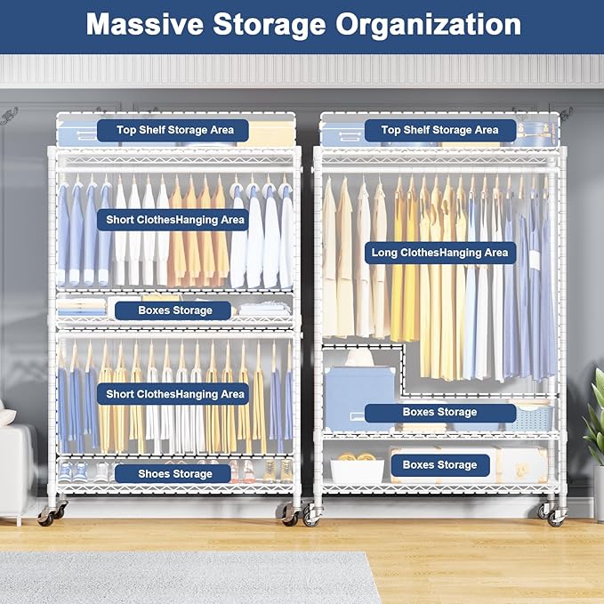 ULIFHOME P8C Pro Heavy Duty Clothes Rack（With Extended Width Design） Rolling Clothing Racks for Hanging Clothes with Lockable Wheels，42" W x 15.8" D x 80.5" H，Load 700LBS，White Rack with White Cover