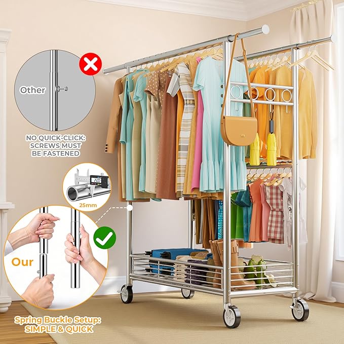 Heavy Duty Clothes Rack Load 960LBS, Three Rods Rolling Clothing Racks for Hanging Clothes, Rolling Garment Rack With Sturdy Wheels Shelves Hooks, Portable & Adjustable Commercial Garment Rack, Silver