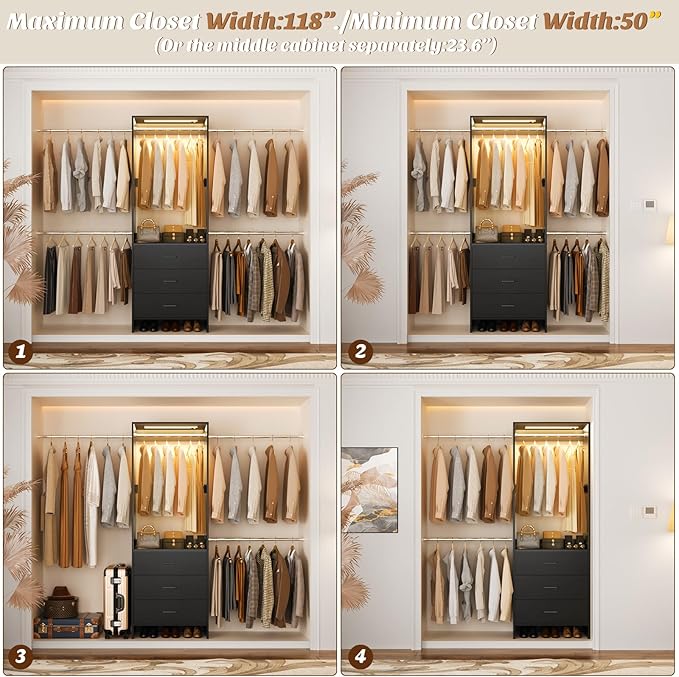Aheaplus Closet System with Motion-Sensing Light, 3 Wooden Drawers and 4 Hanging Rods, Customizable Walk-in Closet Organizer with 3CCT LED, Heavy Duty Garment Rack for Bedroom,Black