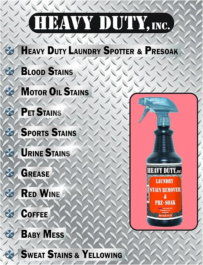 Heavy Duty Laundry Stain Remover & Pre-Soak Spray - 32 fl oz - Industrial Strength Fabric Spot Cleaner - Removes Oil, Blood, Urine, Pet, Grass, Sweat - Pre-Wash Treatment - Color Safe, Non-Bleach