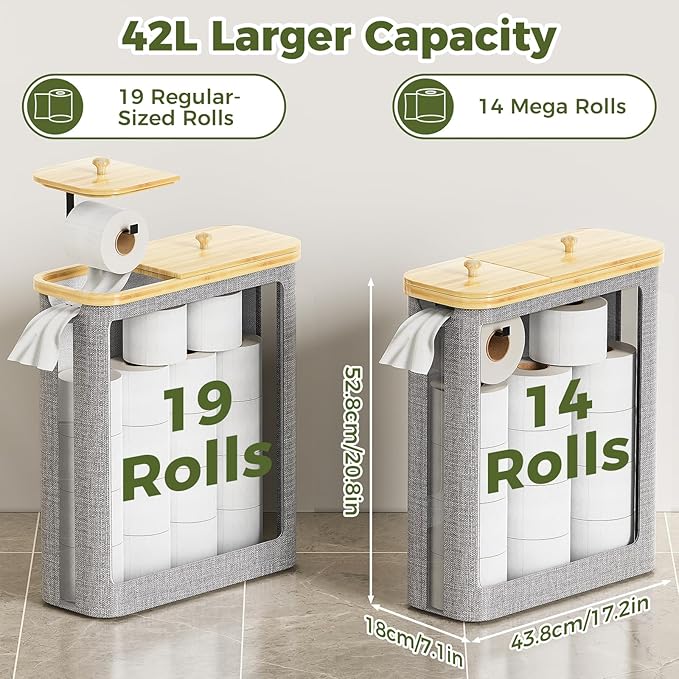 42L Toilet Paper Basket with Bamboo Lid, Toilet Paper Storage with Toilet Paper Holder & Non-Slip Mat for Bathroom Organizer, Holds up to 19 Regular Rolls or 14 Mega Rolls, Collapsible & Stackable