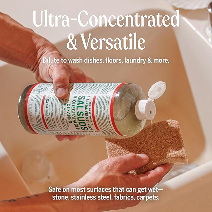Dr. Bronner's Sal Suds Biodegradable Cleaner (16 Ounce, 2-Pack) – All Purpose Pine Mop Detergent for Floors, Laundry & Dishes, Multi Surface Concentrate, Heavy-Duty Degreaser