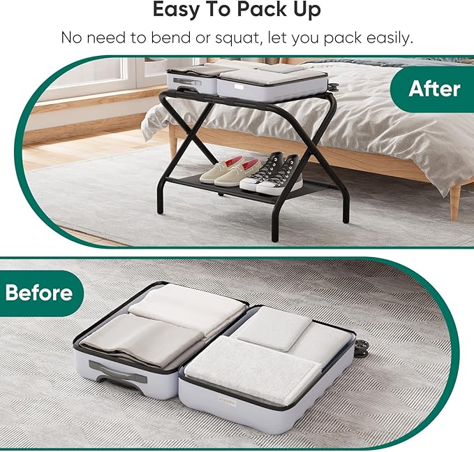 Smuxee Black Luggage Rack Pack of 2, Foldable Suitcase Stand with Fabric Storage Shelf, Luggage Holder with 4 Nylon Straps for Guest Room Bedroom Hotel