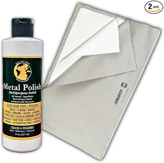 Silver Jewelry Cleaner - Multipurpose Homewood Metal Polish and Cleaner bundle with 1x Microfiber Cleaning Cloth Bundle - Stainless Steel Cleaner to Remove Tarnish & Restore Shine of Jewelry & More