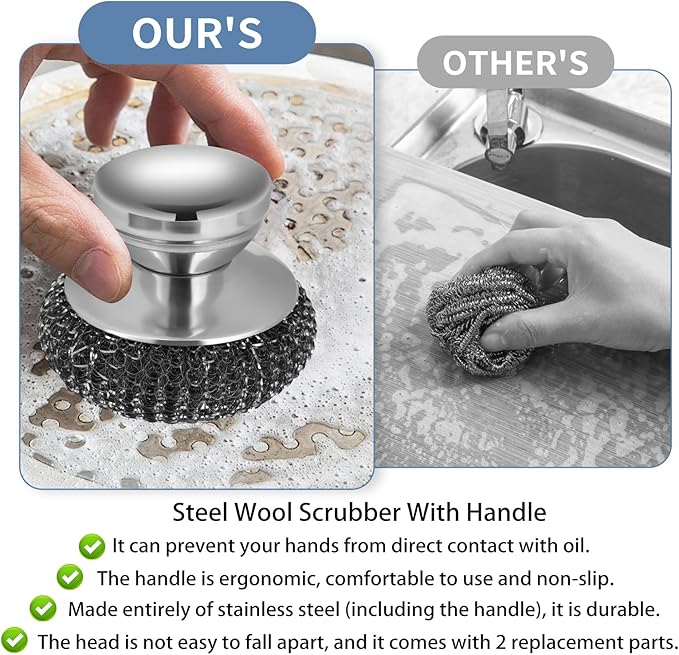 Onewly 2Pack Steel Wool Scrubber Set, Stainless Steel Scrubber with Stainless Steel Handle, for Cleaning Dishes, Cast Iron, Stock Pots, Pans, Griddles, Grills