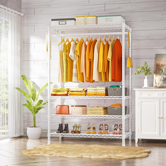 Ulif H4 Plus Garment Rack, 4-Tier Portable Clothes and Clothing Rack for Bedroom and Cloakroom, Closet Storage and Organizer Wardrobe System, 45" W x 14" D x 76.4" H, Load 522lbs, White