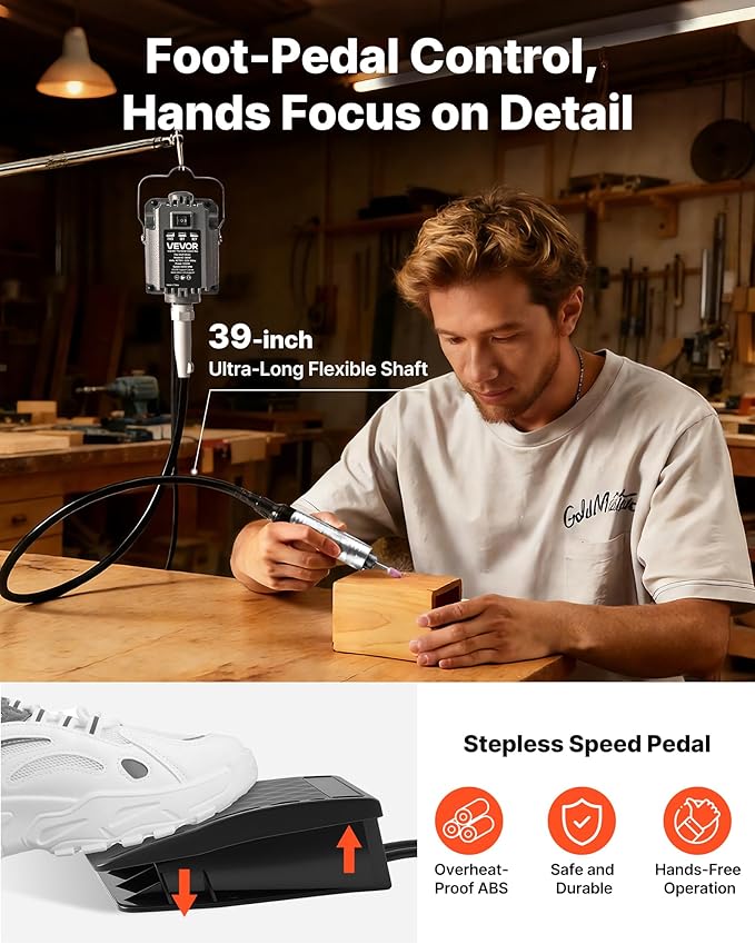 VEVOR Flex Shaft Grinder, 125W 18000RPM Electric Flex Shaft Rotary Tool, Foot Pedal Control Hanging Carver Grinder with Forward-Reverse Rotation for Carving Buffing Engraving Polishing