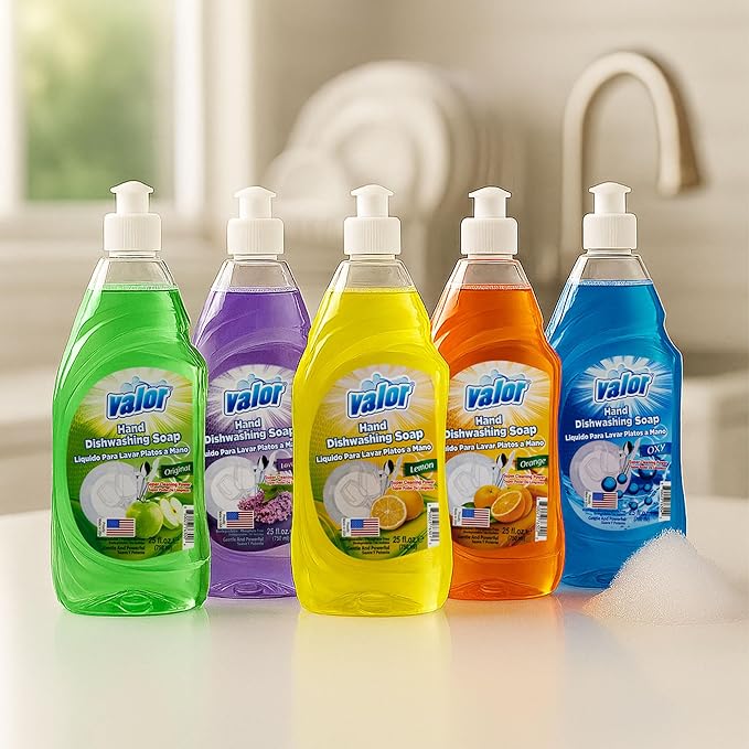 Valor Dishwashing Liquid, 25 fl oz – Dish Soap for Kitchen & Bathroom, Grease-Fighting, Gentle on Hands, Fast Rinse, Eco-Friendly Biodegradable Formula (25.5 oz (Pack of 6), Oxy Power)