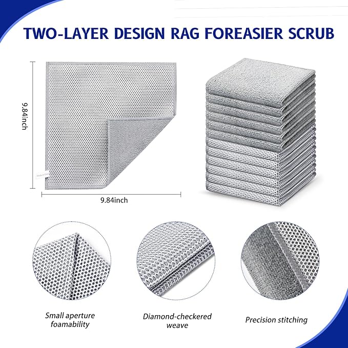 Wangjinpeng 12PCS Non-Scratch Multipurpose Steel Wire Dishcloths - Reusable Quick-Dry Odor-Free Scrub Cloths for Dishes, Kitchen Cleaning Cloths for Cookware, Sinks, Stove Tops(9.84X9.84)