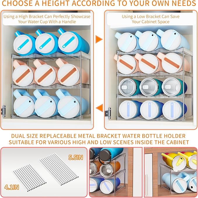 Yieach Larger Compartments Stackable Water Bottle Organizer for 40 oz Stanley Cup Holder,Yeti and Other Tumbler Organizer,4 Tier Wine Rack and Waterbottle Storage Rack for Kitchen Cabinets,Countertop