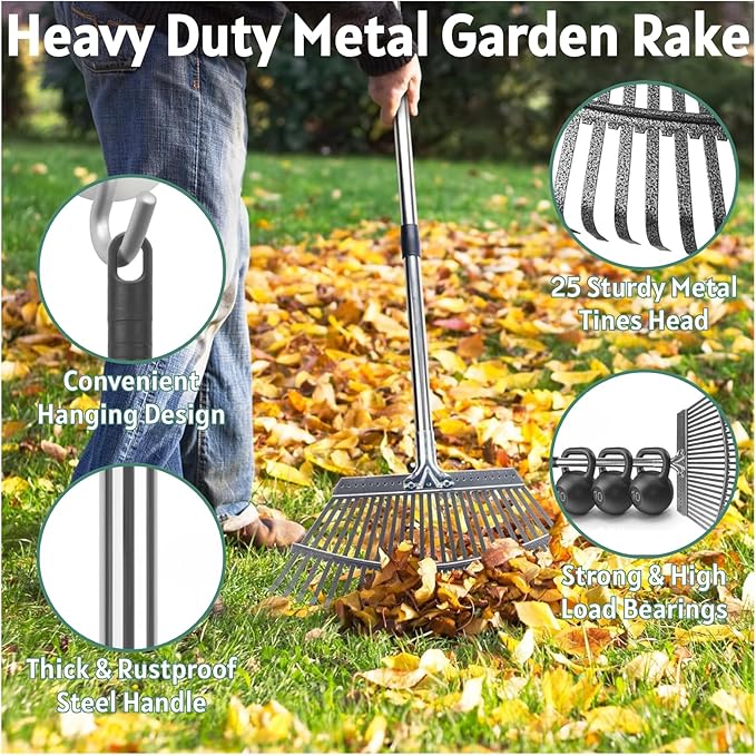 Garden Rake for Leaves with Leaf Bag & Gloves - 65 Inch Adjustable 25 Tines Metal Rake Set with 72 Gallon Reusable Yard Waste Bags for Gardening Lawns Outdoor Camping Shrub Grass Bush