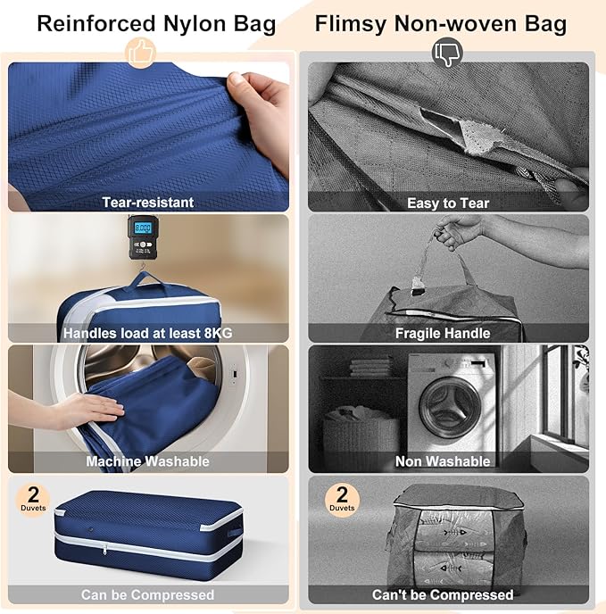 Comforter Storage Bag - Large Capacity Bedding Storage Bags Ultra Space Saving Self Compression Organizer, Washable Compression Bags for Storage Comforter Blanket Duvet, 4-Pack, Navy Blue