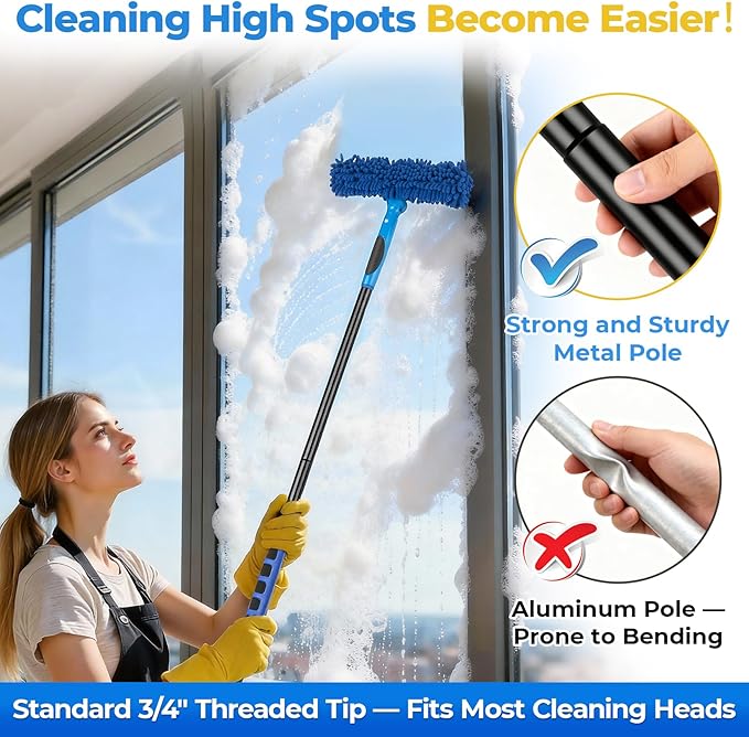 JTIEO 69'' Squeegee for Window Cleaning, 2-in-1 Window Squeegee Cleaner Tool with Extension Pole & Rotating Head, Blue Window Cleaning Kit for Shower Cleaner, Indoor & Outdoor Glass, High Window, Car