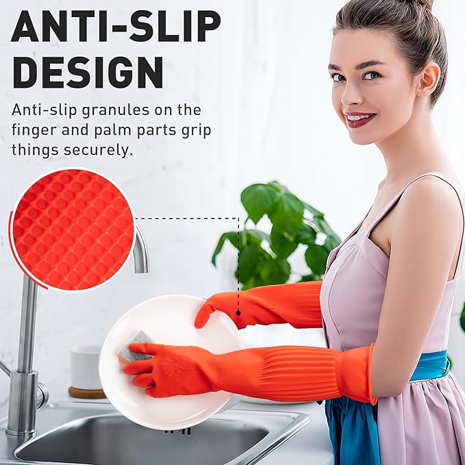 ThxToms Rubber Dishwashing Cleaning Gloves (2-Pair) - Fleece Lined, Reusable, Waterproof with Extra-Long Cuff & Anti-Slip Design for Household & Kitchen Use - Large