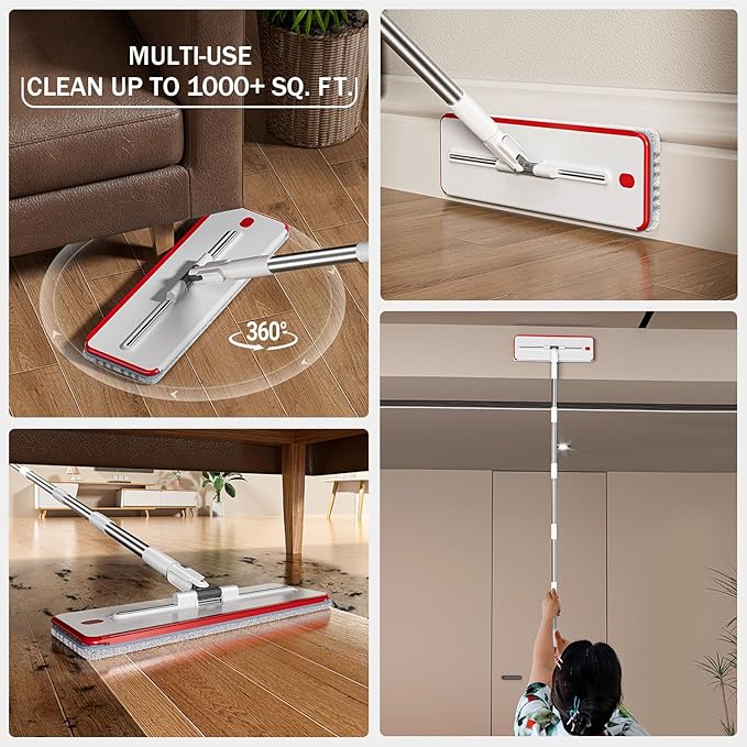 Mop and Bucket Set, 3-Tank Flat Mop and Bucket System for Separate Dirty & Clean Water, 65" Mops for Floor Cleaning with 4 Washable Pads, Safe for Hardwood, Vinyl, Tile, Baseboards, Walls