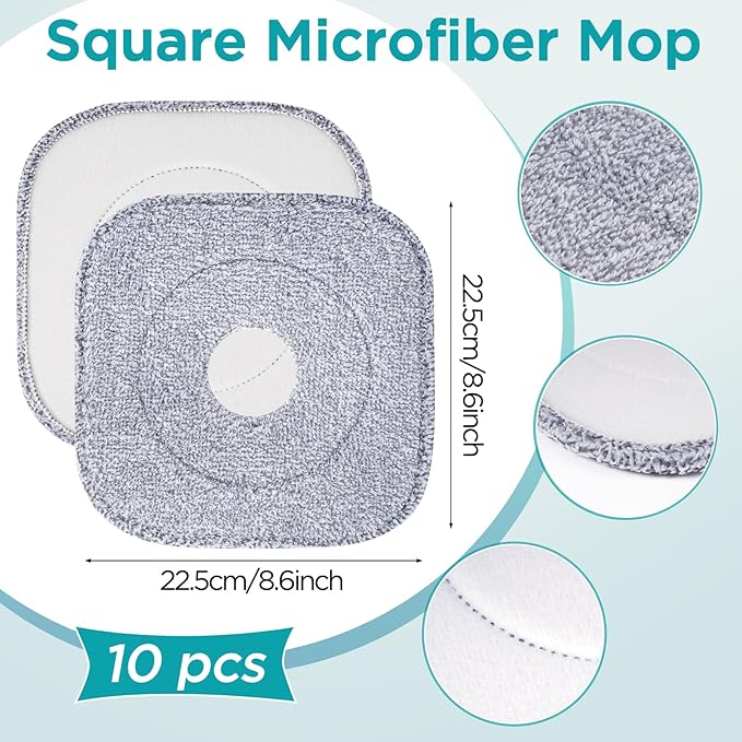10 Pack 8.6" Square Microfiber Mop Pads Refills, Machine Washable, Highly Absorbent, Compatible with for True & Tidy Spin Mop and Most Square Spin Mops & Bucket