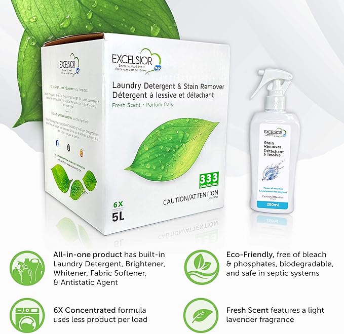 Excelsior HE Concentrated Liquid Laundry Detergent with Stain Remover, Removes 333 Loads for Cleaning Clothes, Phosphate-Free, Solvent-Free, Fresh Scent, 5L…