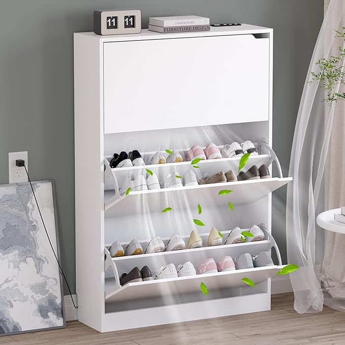 BORNOON Shoe Cabinet with Odor Control and Back Panels, Deodorizing Slim 3-Flip Shoe Storage Cabinet for Entryway, Freestanding Hidden Shoe Rack Organizer for Entrance, Hallway, Bedroom