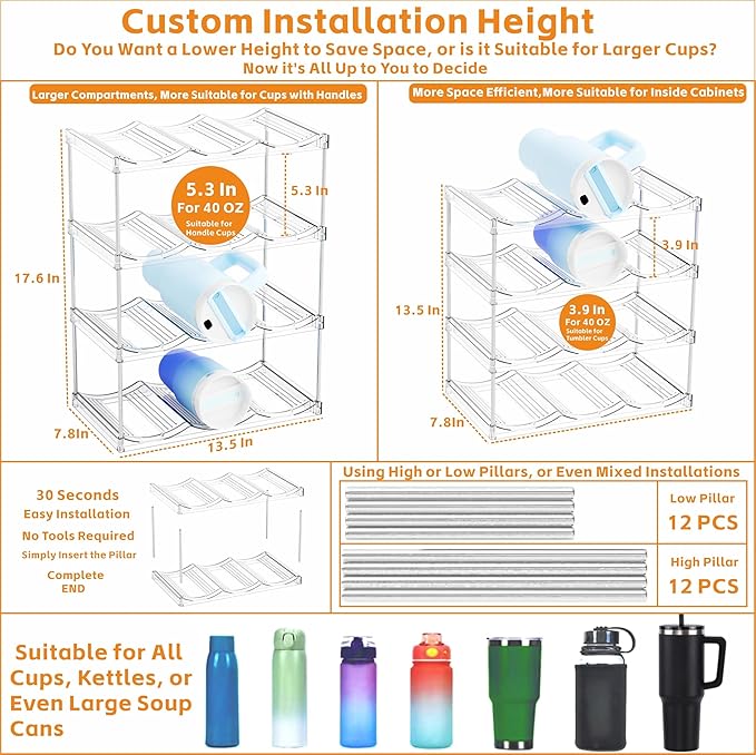 Yieach Larger Compartments Stackable Water Bottle Organizer for 40 oz Stanley Cup Holder,Yeti and Other Tumbler Organizer,4 Tier Wine Rack and Waterbottle Storage Rack for Kitchen Cabinets,Countertop
