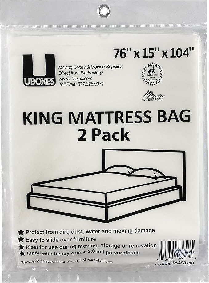 Uboxes King Mattress Poly Covers, 76 x 15 x 104 inch, 2 Count (Pack of 1), Clear