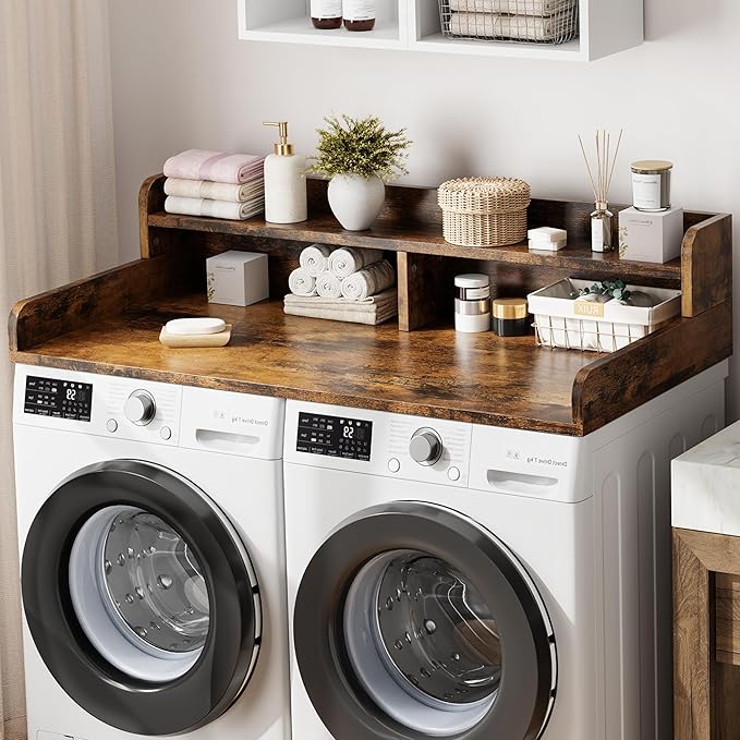 Garvee 54" Washer Dryer Countertop with 2-Tier Shelf, Wooden Laundry Countertop with Non-Slip Pad and Guard Rails, Washer and Dryer Topper for Laundry Room Organization
